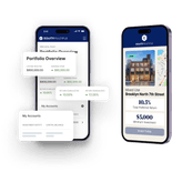 An artistic rendering of two phones displaying different views of EquityMultiple's online investment platform.
