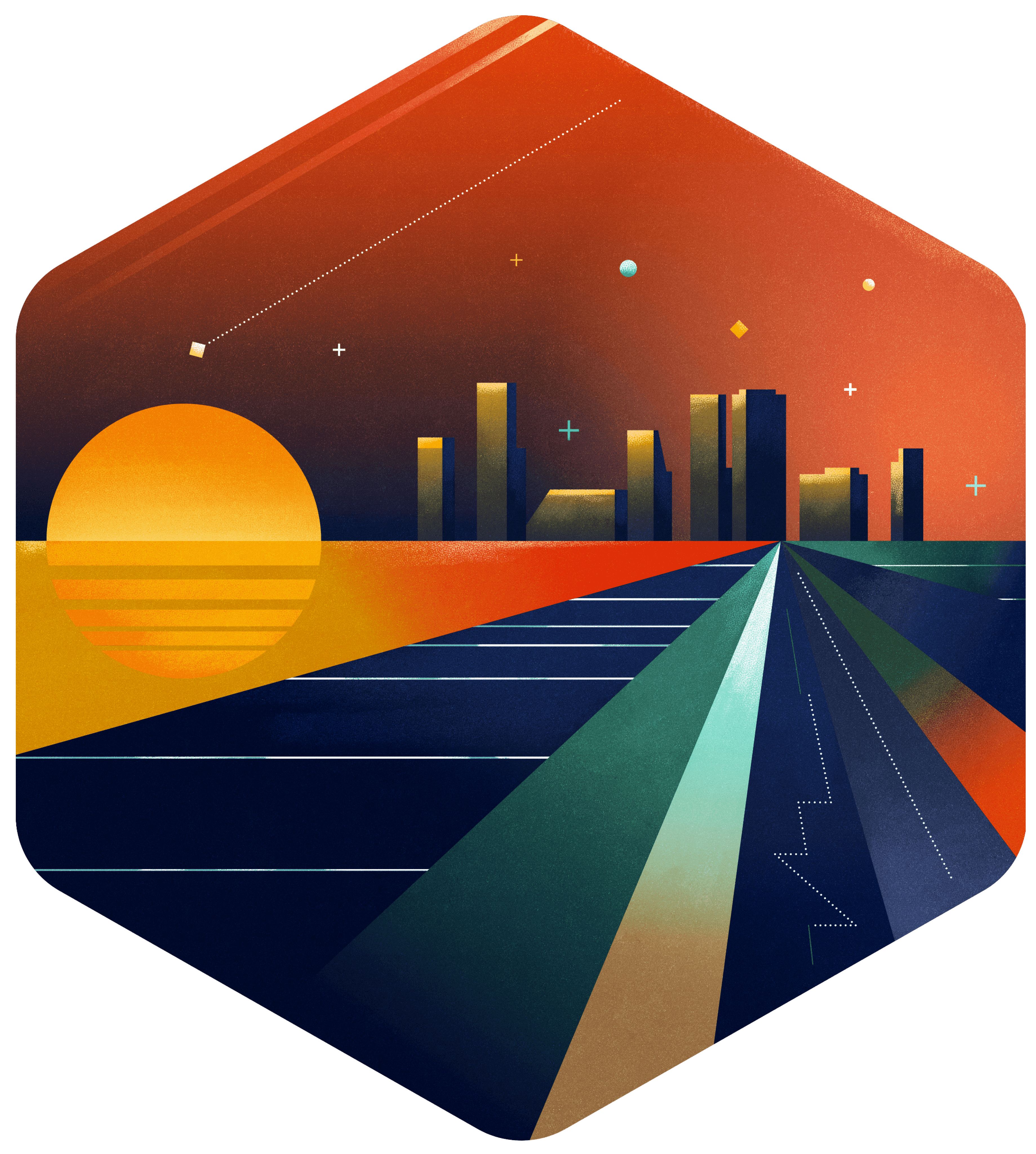 Roads leading to a city on the horizon with a setting sun.