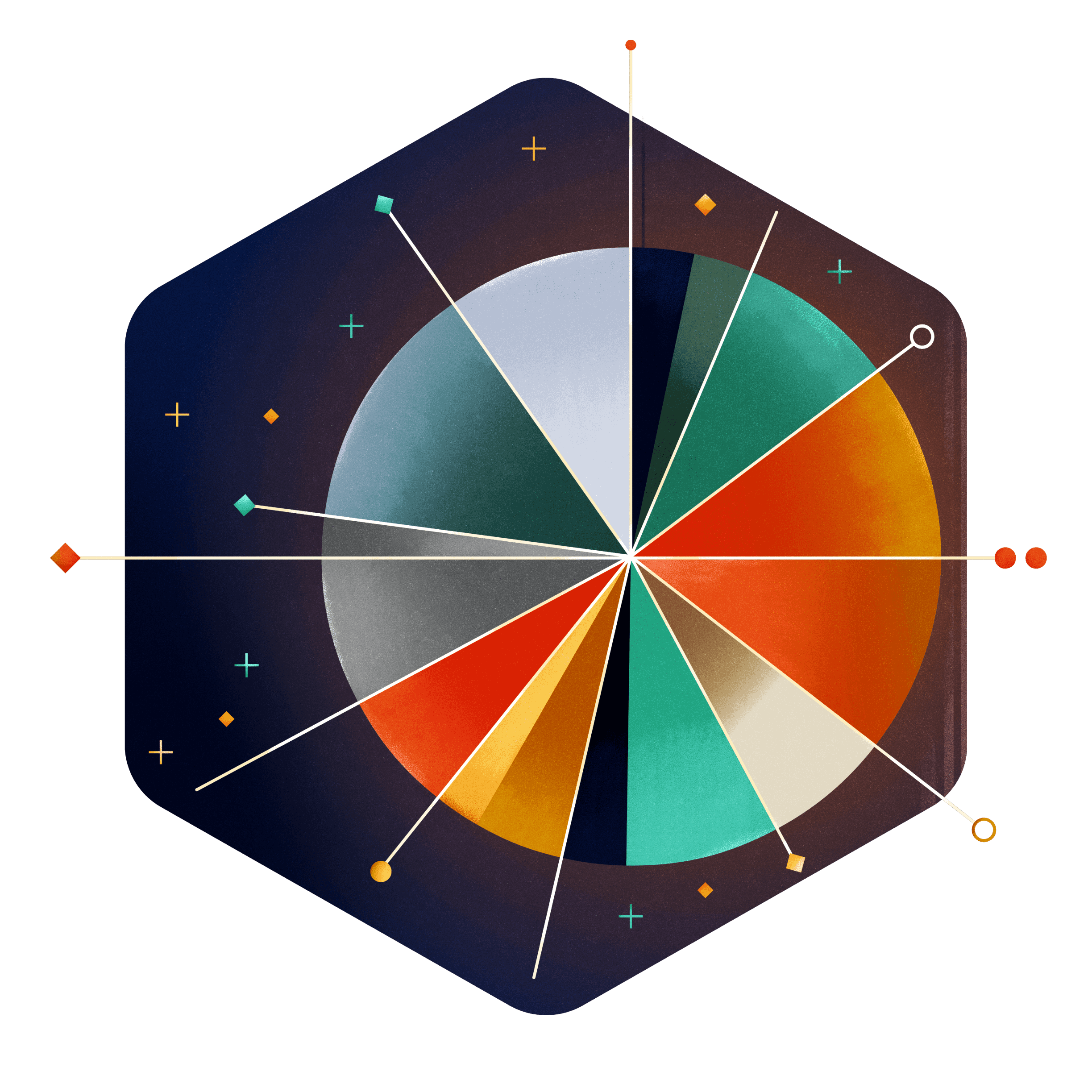 Lines leaving the center of a circle.